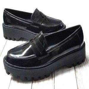 New Black Patent Platform Slip On Penny Loafers